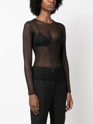 Tom Ford Sheer Ribbed Knit Geometric Pattern Long-Sleeve Top