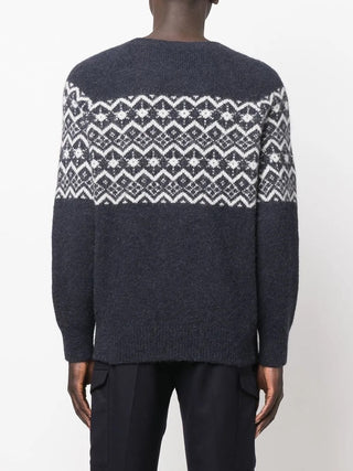 Brunello Cucinelli Fuzzy Knit Jacquard Crew-Neck Sweater in Blue