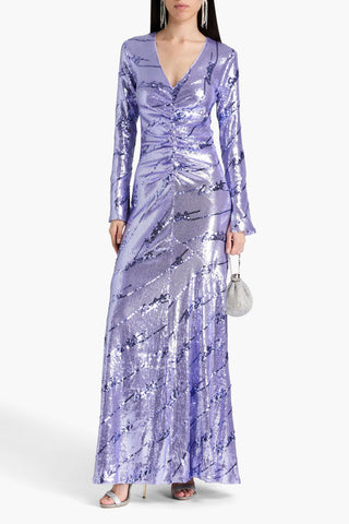 ROTATE BIRGER CHRISTENSEN RUCHED SEQUINED STRETCH-MESH MAXI DRESS - Size 34