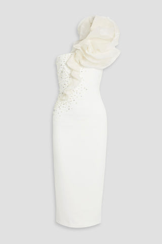BADGLEY MISCHKA ONE-SHOULDER ORGANZA-TRIMMED CREPE MIDI DRESS - Size 8