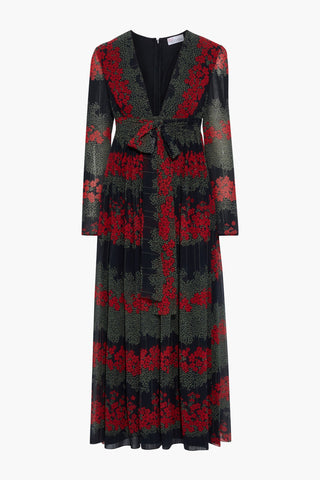 VALENTINO BELTED PINTUCKED FLORAL-PRINT GEORGETTE MAXI DRESS - Size 38