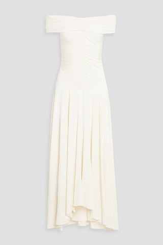 KHAITE PUNZEL OFF-THE-SHOULDER PLEATED JERSEY MAXI DRESS - Size S
