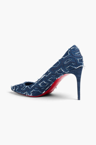CHRISTIAN LOUBOUTIN KATE 85 EMBROIDERED DISTRESSED DENIM PUMPS - Size 41