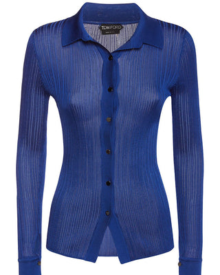 Tom Ford Rib-Knit Long-Sleeve Collared Shirt Blue