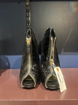 Tom Ford Crocodile-Embossed Leather Front-Zip Open-Toe Bootie Heels