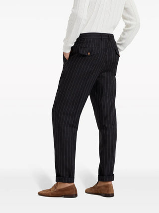 Brunello Cucinelli Pinstripe Pleated Wool Trousers with Side Adjusters
