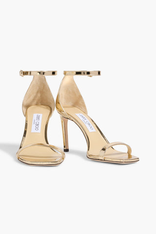 JIMMY CHOO ALVA 85 MIRRORED-LEATHER SANDALS - Size 37