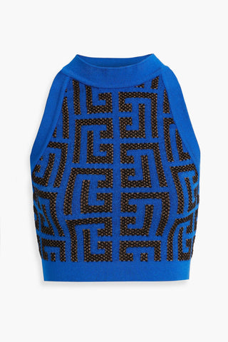 BALMAIN CROPPED METALLIC JACQUARD-KNIT TOP - Size 36