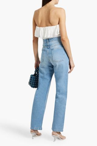 ISABEL MARANT ORMA STRAPLESS RUFFLED BRODERIE ANGLAISE-TRIMMED RAMIE TOP - Size 42