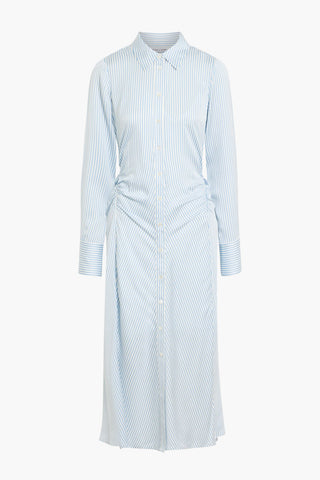VERONICA BEARD LEX RUCHED STRIPED SILK-BLEND MIDI SHIRT DRESS - Size 8
