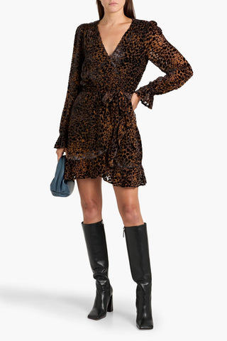 PAIGE YSABEL RUFFLED LEOPARD-PRINT DEVOR-VELVET MINI DRESS - Size 6