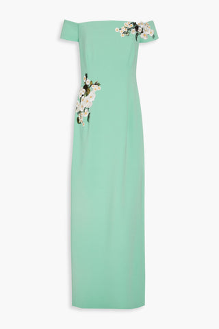 OSCAR DE LA RENTA OFF-THE-SHOULDER EMBROIDERED SILK-BLEND CREPE GOWN - Size 0