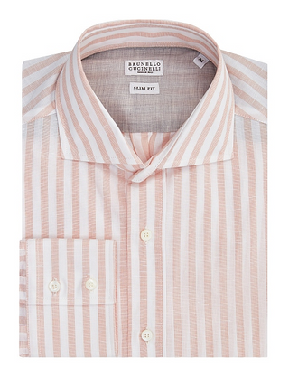 Brunello Cucinelli Cotton Striped Spread-Collar Dress Shirt White Orange