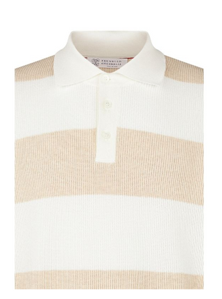 Brunello Cucinelli Textured Striped Knit Polo Shirt in Sand