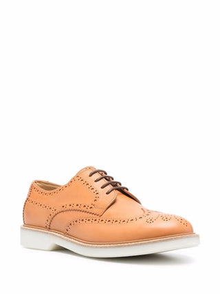 Brunello Cucinelli Tan Leather Wingtip Brogue Derby Shoes with Contrast Sole