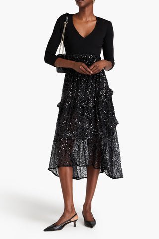 MAJE SEQUINED TIERED OPEN-KNIT AND STRETCH-JERSEY MIDI DRESS - Size 36