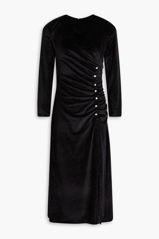 SANDRO CRYSTAL-EMBELLISHED RUCHED STRETCH-VELVET MIDI DRESS - Size 36