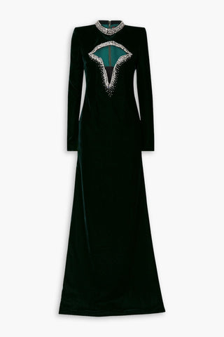 MISS SOHEE CRYSTAL-EMBELLISHED CUTOUT STRETCH-VELVET GOWN - Size 10