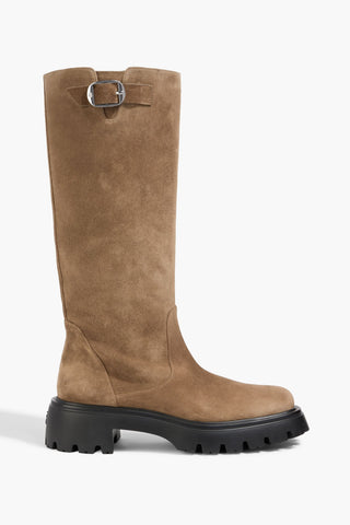 STUART WEITZMAN EMERSON BUCKLE-DETAILED SUEDE KNEE BOOTS - Size 8