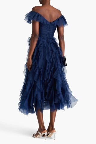 MARCHESA NOTTE OFF-THE-SHOULDER RUFFLED SILK-ORGANZA MIDI DRESS - Size 6
