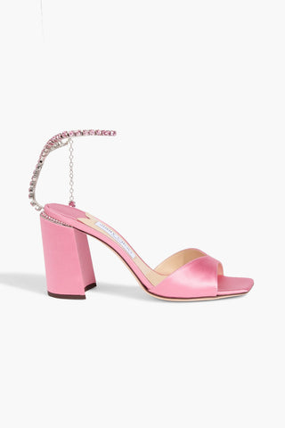 JIMMY CHOO SAEDA 85 CRYSTAL-EMBELLISHED SATIN SANDALS - Size 40