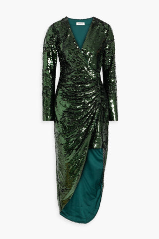 SIMKHAI EMERSYN RUCHED SEQUINED TULLE MIDI DRESS - Size 10