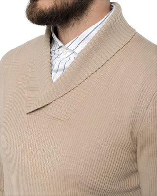 Brunello Cucinelli Ribbed Knit Shawl Collar Sweater in Beige