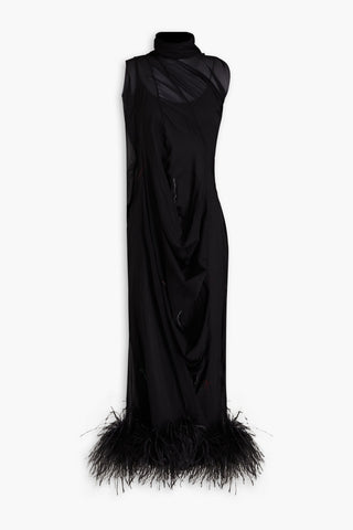 MAISON MARGIELA FEATHER-TRIMMED STRETCH-SILK CREPE MIDI DRESS - Size 40