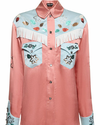 Tom Ford Silk Fringed Embellished Western Shirt Coral Pink