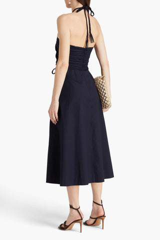 VERONICA BEARD TUCKER RUCHED STRETCH-COTTON POPLIN HALTERNECK MIDI DRESS - Size 12