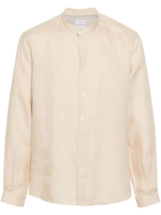 Brunello Cucinelli Linen Band-Collar Shirt in Sand