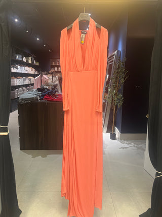 Tom Ford Flowy Draped V-Neck Long-Sleeve Coral Maxi Dress