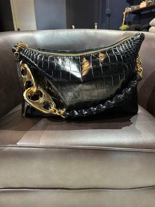 Tom Ford Croc-Embossed Leather Shoulder Bag with Gold-Tone Carabiner Black