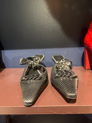 Tom Ford Snakeskin-Embossed Pointed-Toe Mules with Chain-Link Detail