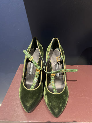Tom Ford Green Velvet Crocodile-Embossed T-Strap High Heels