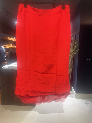 Tom Ford Crepe Midi Skirt Sheer Frayed Hem Red