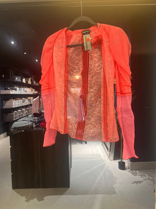 Tom Ford Sheer Lace Mesh Long-Sleeve Blouse with Vertical Stripes