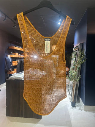 Tom Ford Bronze Open-Knit Sleeveless Top with Asymmetrical Hem