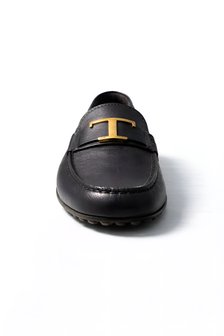 Tod’s Black Leather Driving Loafer with Gold Buckle