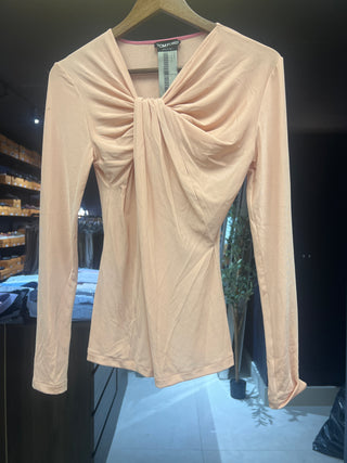 Tom Ford Ribbed Jersey Twist-Front Long-Sleeve Top Nude