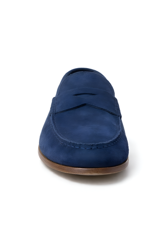 Tod’s Navy Suede Penny Loafer With Brown Bottom