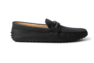 Tod’s Black Pebbled Leather Gommino Driving Loafer With Strap Detail and T Buckle