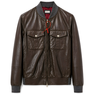 Brunello Cucinelli Leather Bomber Jacket with Flap Pockets