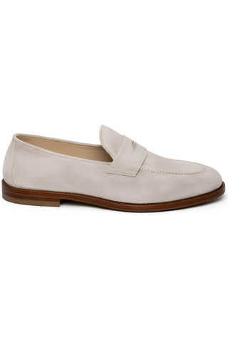 Brunello Cucinelli Suede Penny Loafers in Ecru