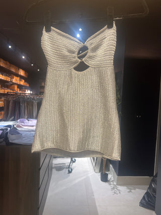 Tom Ford Textured Knit Twist-Front Cutout Silver Bandeau Top