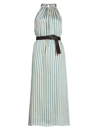 Brunello Cucinelli Striped Halter Neck Belted Maxi Dress
