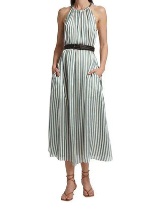 Brunello Cucinelli Striped Halter Neck Belted Maxi Dress