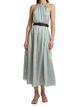 Brunello Cucinelli Striped Halter Neck Belted Maxi Dress