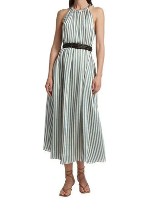 Brunello Cucinelli Striped Halter Neck Belted Maxi Dress