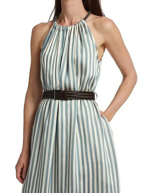 Brunello Cucinelli Striped Halter Neck Belted Maxi Dress